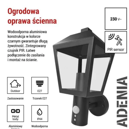 Kinkiety-ogrodowe - kinkiet elewacyjny z czujnikiem ruchu lampa latarnia zewnętrzna czarna pir adenia emos 