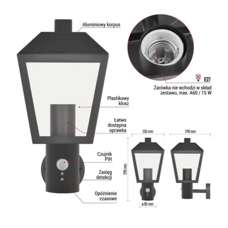 Kinkiety-ogrodowe - kinkiet elewacyjny z czujnikiem ruchu lampa latarnia zewnętrzna czarna pir adenia emos 