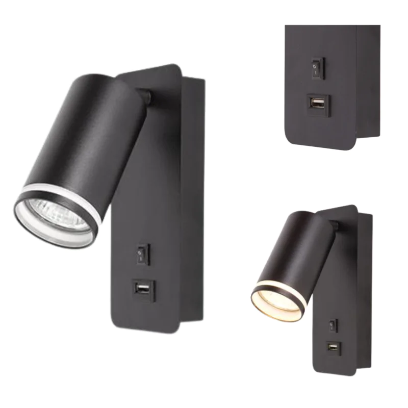 Kinkiety-do-salonu - kinkiet ścienny do czytania z włącznikiem i usb czarny reflektor gu10 na ścianę ring 0933 lvt firmy LVT 