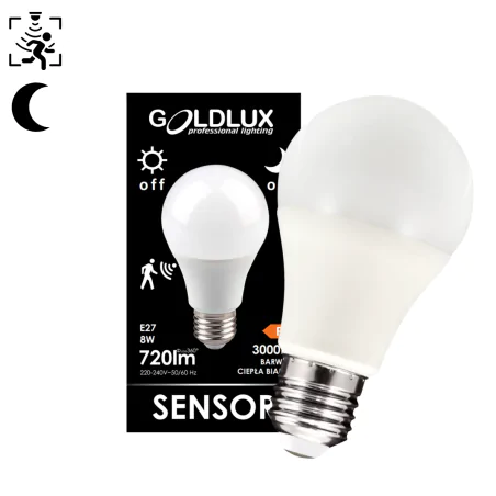 Gwint-trzonek-e27 - żarówka led e27 z mikrofalowym czujnikiem ruchu i zmierzchu ciepłe światło 8w 308832 polux 