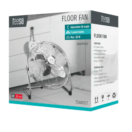 Wentylatory-podlogowe - cyrkulator podłogowy wentylator metalowy wiatrak srebrny 30cm 50w tsa8023 teesa 