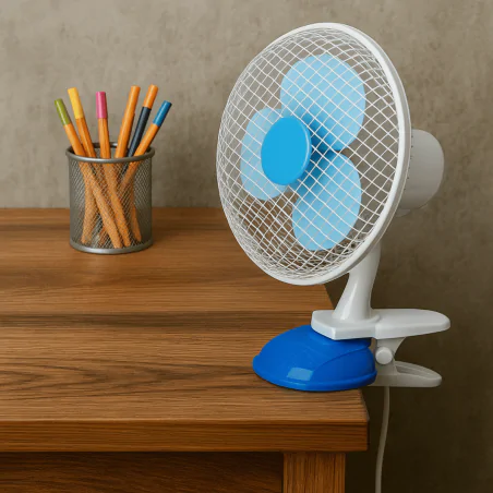 Wentylatory-na-biurko - wiatrak na biurko z klipsem o średnicy 15cm biało-niebieski vo0658 volteno 