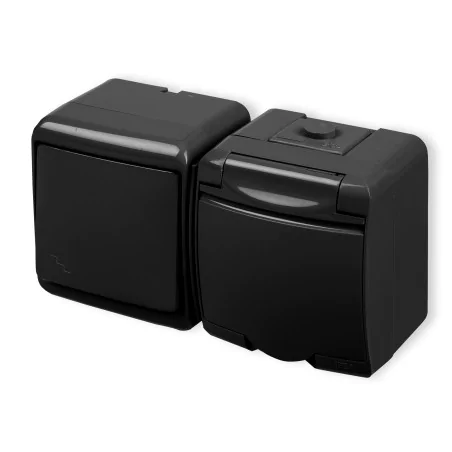 Gniazda-natynkowe - czarny włącznik schodowy z gniazdem zewnętrznym natynkowym junior 12wghh-3 karlik 