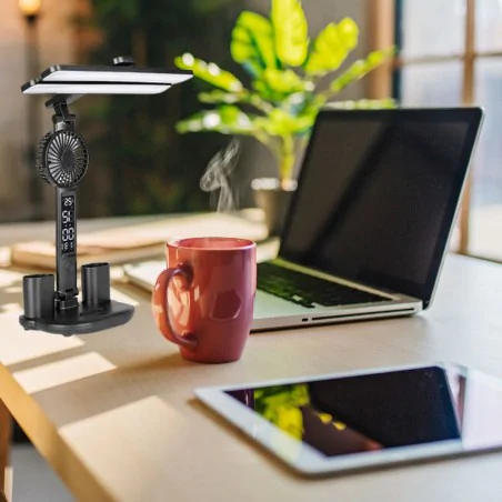 Lampki-biurkowe - czarna lampka na biurko led ściemnialna z funkcją zegara i wentylatorem summer lvt 