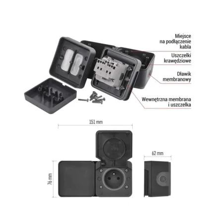 Gniazda-pojedyncze-natynkowe - gniazdo zewnętrzne elewacyjne natynkowe z wyłącznikiem schodowym ciemne ip55 cyklone emos 