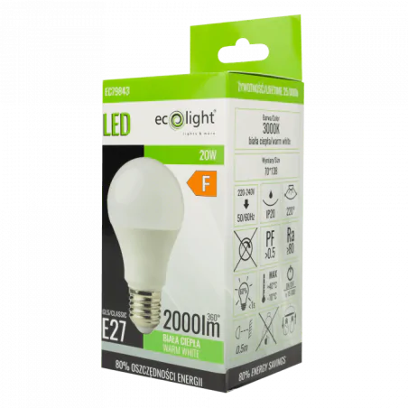Gwint-trzonek-e27 - ec79843 mocna żarówka led 20w ciepła 3000k 1800lm eco light 