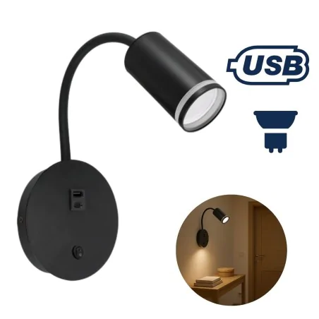 Kinkiety-do-salonu - czarna lampka nad łóżko z ładowarką do telefonu zula ideus 