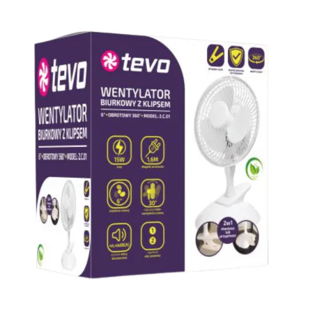 Wentylatory-na-biurko - wentylator biurkowy z klipsem 6 cali o mocy 15w  wiatrak biały fan2.c.01 tevo 