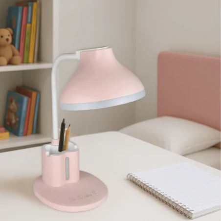 Lampki-biurkowe - lampka na biurko led w kolorze różowym z przybornikiem 7w z regulacją światła debra led pink 04231 ideus 