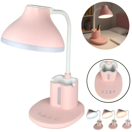 Lampki-biurkowe - lampka na biurko led w kolorze różowym z przybornikiem 7w z regulacją światła debra led pink 04231 ideus 
