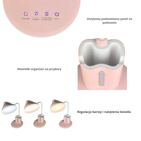 Lampki-biurkowe - lampka na biurko led w kolorze różowym z przybornikiem 7w z regulacją światła debra led pink 04231 ideus 