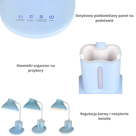 Lampki-biurkowe - lampka biurkowa led z regulacją światła niebieska z organizerem na przybory szkolne debra led blue 04232 ideus 
