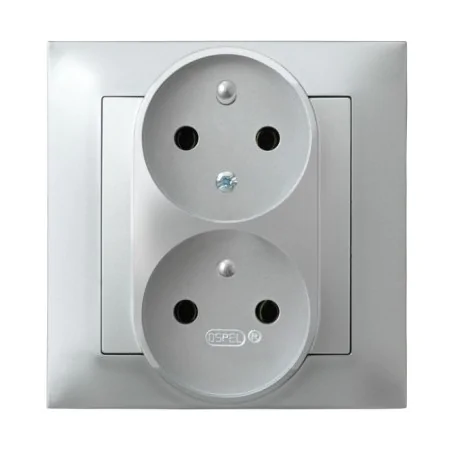 Gniazda-podwojne-podtynkowe - gniazdo elektryczne podwójne z uziemieniem z funkcją niezamienności faz (czeskie) srebrne z ramką gp-2yc/18 impresja ospel 