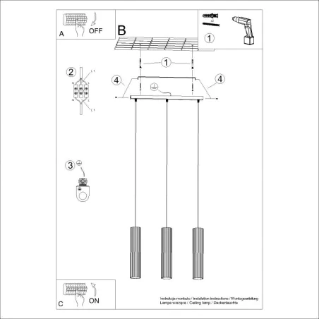 Lampy-sufitowe - lampa wisząca potrójna listwa sufitowa wiszące tuby karbon 3l taupe sollux sl.1774 
