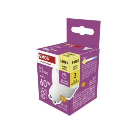 Gwint-trzonek-gu10 - żarówka led  mr16 gu10 7 w ciepła biel 3000k ściemnialna do ściemniania emos 