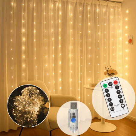 Dekoracje-swiateczne-led - kurtyna świetlna z ciepłym światłem na okno z pilotem dekoracja świąteczna 3m mery ekg2309 eko-light 