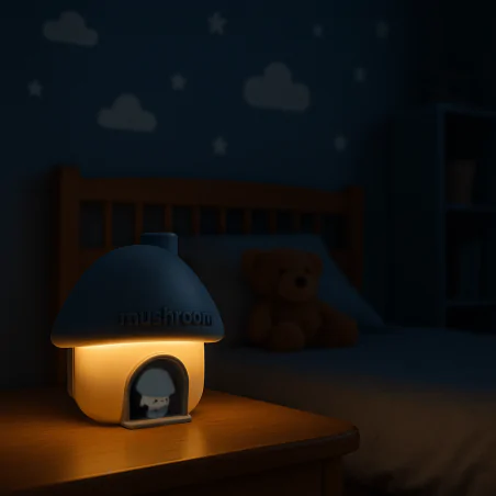 Nawilzacze-i-odswiezacze-powietrza - nawilżacz powietrza dla dzieci domek grzybek z lampką nocną i projektorem niebieski do pokoju chłopca mw61498 interblue 
