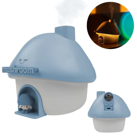 Nawilzacze-i-odswiezacze-powietrza - nawilżacz powietrza dla dzieci domek grzybek z lampką nocną i projektorem niebieski do pokoju chłopca mw61498 interblue 