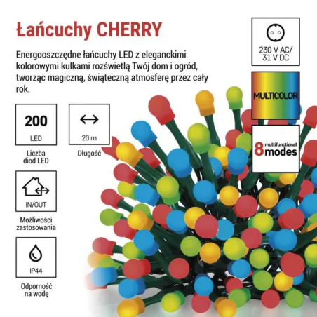 Oswietlenie-choinkowe - światełka choinkowe led 20m lampki kolorowe kulki na zewnątrz i do wewnątrz 200led 8 programów d5ac07 emos 