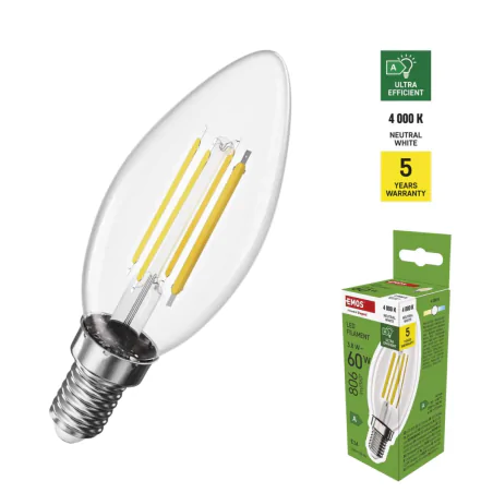 Gwint-trzonek-e14 - żarówka led e14 świeczka z filamentem nowa klasa a neutralna 3.8w zf3a43 emos 