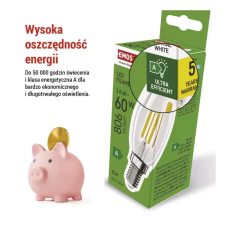 Gwint-trzonek-e14 - żarówka led e14 świeczka z filamentem nowa klasa a neutralna 3.8w zf3a43 emos 