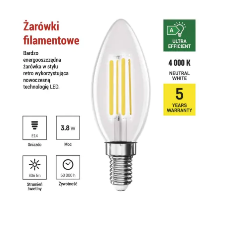 Gwint-trzonek-e14 - żarówka led e14 świeczka z filamentem nowa klasa a neutralna 3.8w zf3a43 emos 