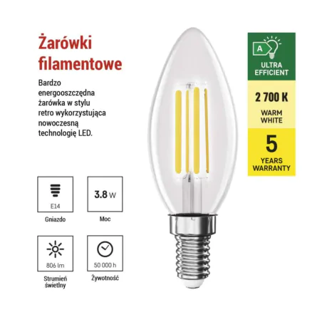 Gwint-trzonek-e14 - żarówka led e14 świeczka nowa klasa a oszczędna ciepła 2700k 3.8w zf3a42 emos 