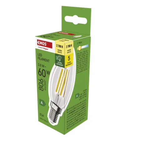 Gwint-trzonek-e14 - żarówka led e14 świeczka nowa klasa a oszczędna ciepła 2700k 3.8w zf3a42 emos 