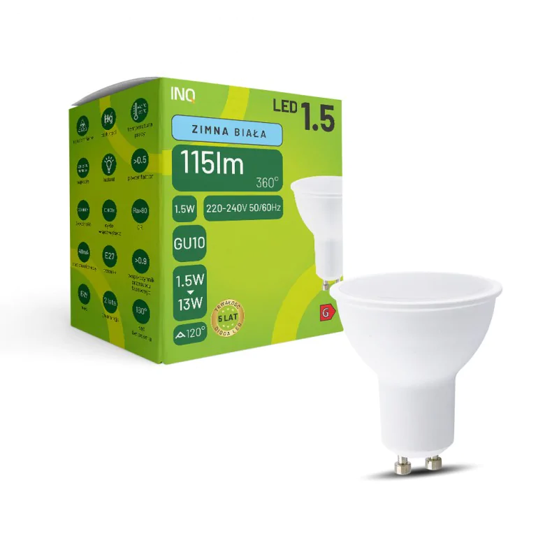 Gwint-trzonek-gu10 - żarówka led zimna delikatna gu10 1.5w-18w 6000k 115lm mr006cw inq firmy INQ 