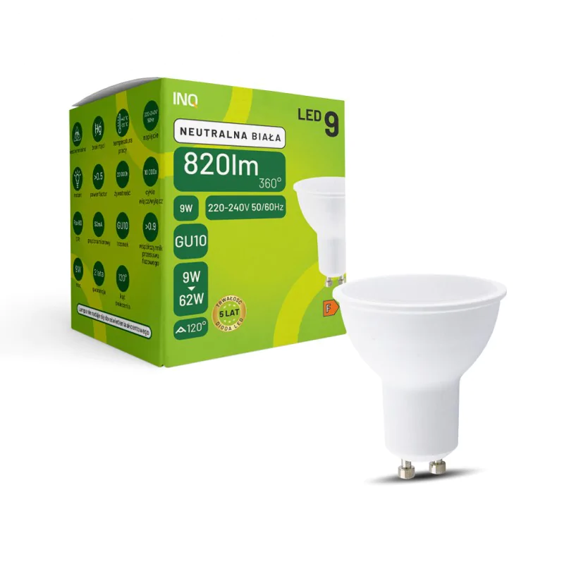 Gwint-trzonek-gu10 - mocna żarówka led gu10 neutralna 9w 820lm 3000k mr16 mr036-nw inq firmy INQ 