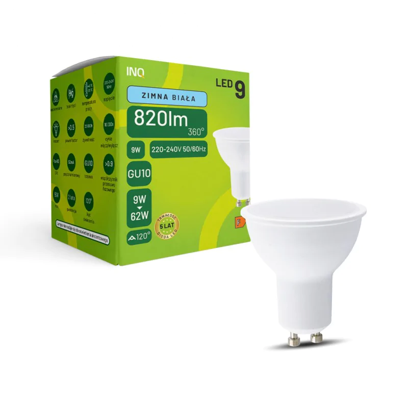 Gwint-trzonek-gu10 - mocna żarówka led gu10 zimne światło 9w 820lm 6000k mr16 mr036-cw inq firmy INQ 