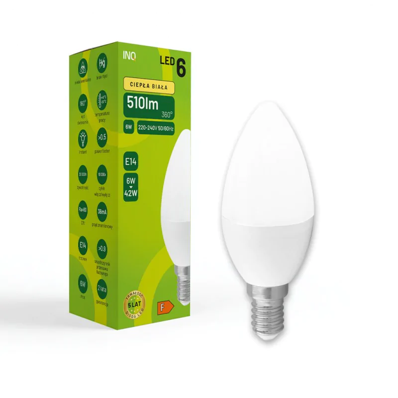 Gwint-trzonek-e14 - led-owa żarówka e14 6w świeczka ciepła 3000k 510lm elb035ww inq firmy INQ 