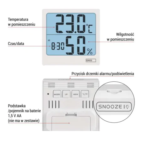 Termometry-i-stacje-pogodowe - termometr z higrometrem i zegarem biały bezprzewodowy e0114n emos 