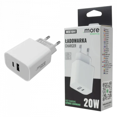 Przedluzacze-elektryczne - ładowarka sieciowa 20w do telefonu biała 2 wejścia usb-c usb-a kostka do smartfona szybkie ładowanie eco-light 