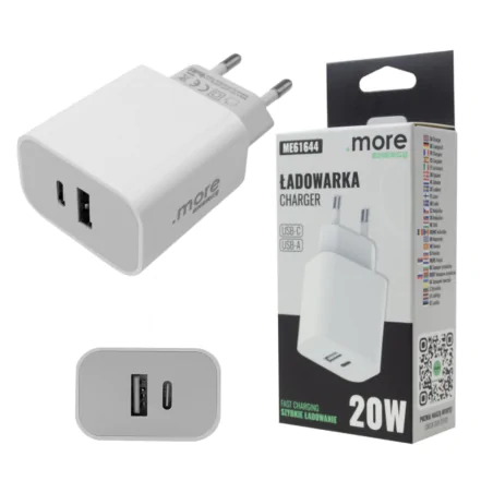 Przedluzacze-elektryczne - ładowarka sieciowa 20w do telefonu biała 2 wejścia usb-c usb-a kostka do smartfona szybkie ładowanie eco-light 