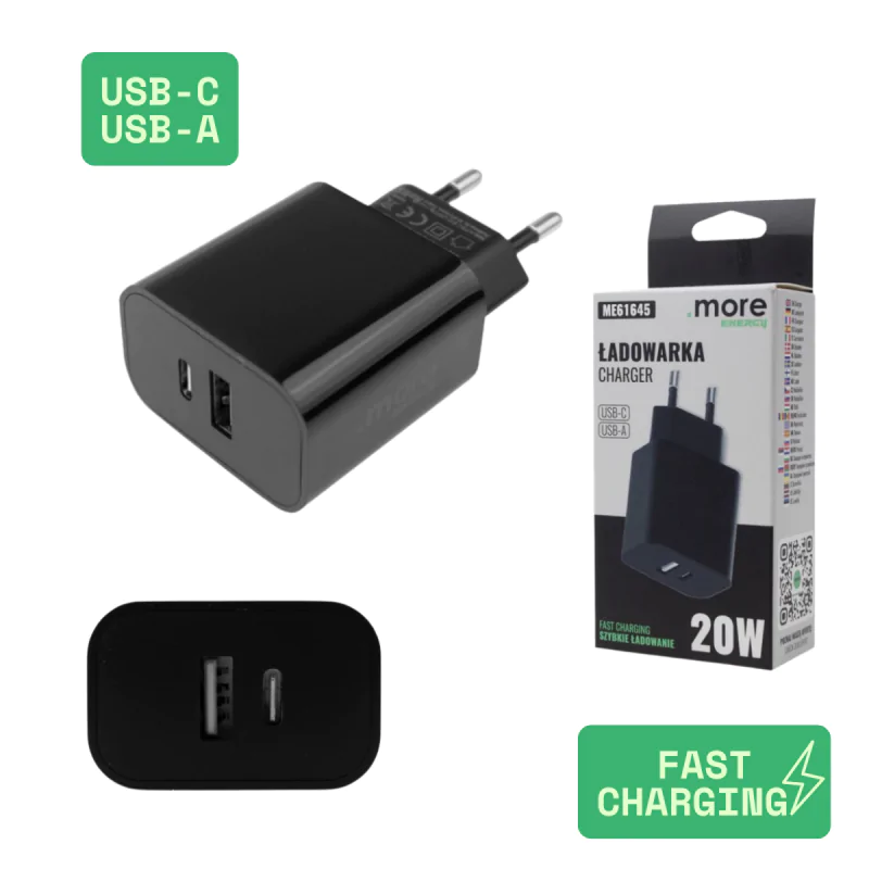 Przedluzacze-elektryczne - szybka ładowarka do telefonu czarna usb-c usb-a kostka zasilacz do smartfonu eco-light firmy ECOLIGHT 