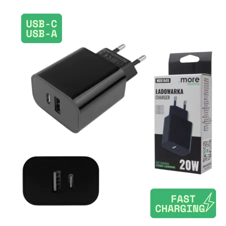 Przedluzacze-elektryczne - szybka ładowarka do telefonu czarna usb-c usb-a kostka zasilacz do smartfonu eco-light 