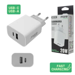 Przedluzacze-elektryczne - ładowarka sieciowa 20w do telefonu biała 2 wejścia usb-c usb-a kostka do smartfona szybkie ładowanie eco-light