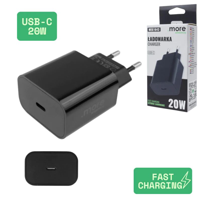Przedluzacze-elektryczne - ładowarka sieciowa do telefonu czarna usb-c kostka do smartfona szybkie ładowanie 20w me61643 eco-light firmy ECOLIGHT 