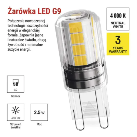 Gwint-trzonek-g9 - żarówka led g9 o mocy 2,5w z neutralnym światłem 4000k odpowiednik 32w zq9d13 emos 
