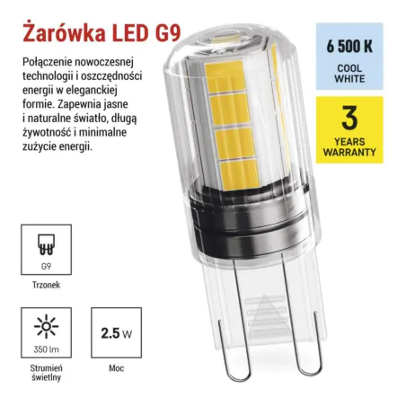 Gwint-trzonek-g9 - żarówka led g9 o mocy 2,5w odpowiednik 32w zimne światło 6500k zq9d14 emos 