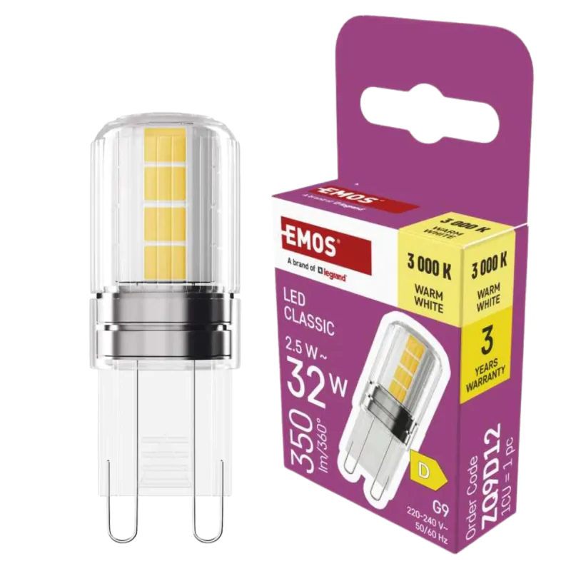 Gwint-trzonek-g9 - żarówka led g9 z ciepłym światłem 3000k 2,5w odpowiednik 32w zq9d12 emos firmy EMOS 