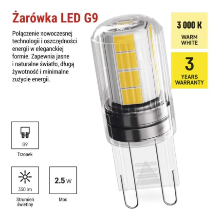 Gwint-trzonek-g9 - żarówka led g9 z ciepłym światłem 3000k 2,5w odpowiednik 32w zq9d12 emos 