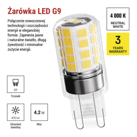Gwint-trzonek-g9 - żarówka led g9 z neutralnym światłem 4000k 4,2w odpowiednik 40w zq9e23 emos 