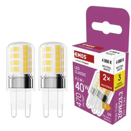 Gwint-trzonek-g9 - żarówki led g9 z neutralnym światłem 4000k 4,2w odpowiednik 40w zestaw 2szt. zq9e23.2 emos 