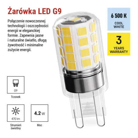Gwint-trzonek-g9 - żarówka led g9 4,2w odpowiednik 40w zimne światło 6500k zq9e24 emos 