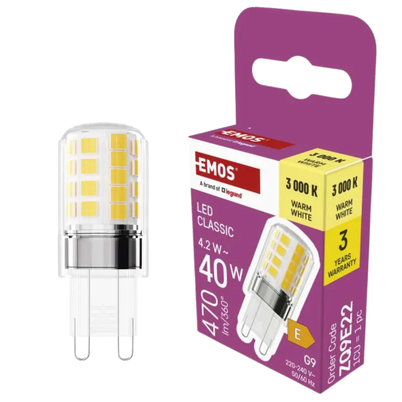 Gwint-trzonek-g9 - żarówka led g9 z ciepłym światłem 3000k 4,2w odpowiednik 40w zq9e22 emos firmy EMOS 