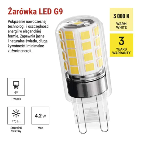 Gwint-trzonek-g9 - żarówka led g9 z ciepłym światłem 3000k 4,2w odpowiednik 40w zq9e22 emos 