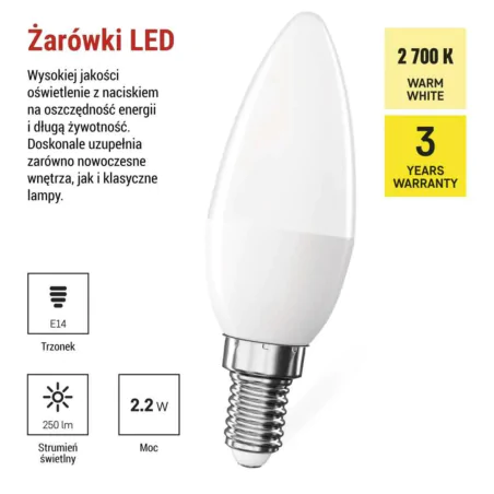 Gwint-trzonek-e14 - żarówka led e14 świeczka 2,2w ciepła 2700k odpowiednik 25w zq3e01 emos 