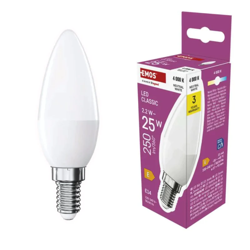 Gwint-trzonek-e14 - żarówka led e14 świeczka 2,2w neutralna 4000k odpowiednik 25w zq3e03 emos firmy EMOS 